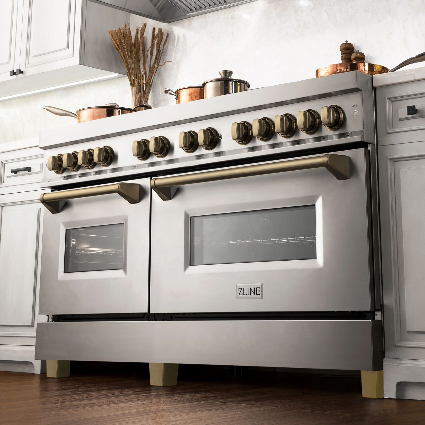 ZLINE Autograph Edition 60" Stainless Steel 9 Burner Dual Fuel Range With Champagne Bronze Accents and 7.4 cu. ft. Electric Oven