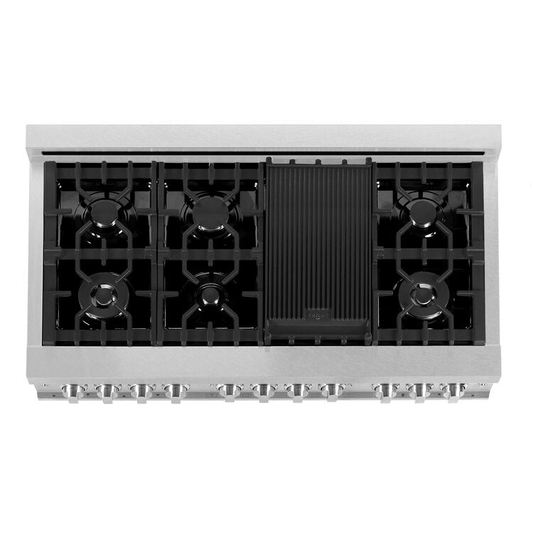ZLINE Professional 48" DuraSnow Stainless Steel 7 Burner Dual Fuel Range With Red Gloss Door and 6 cu.ft. Electric Oven