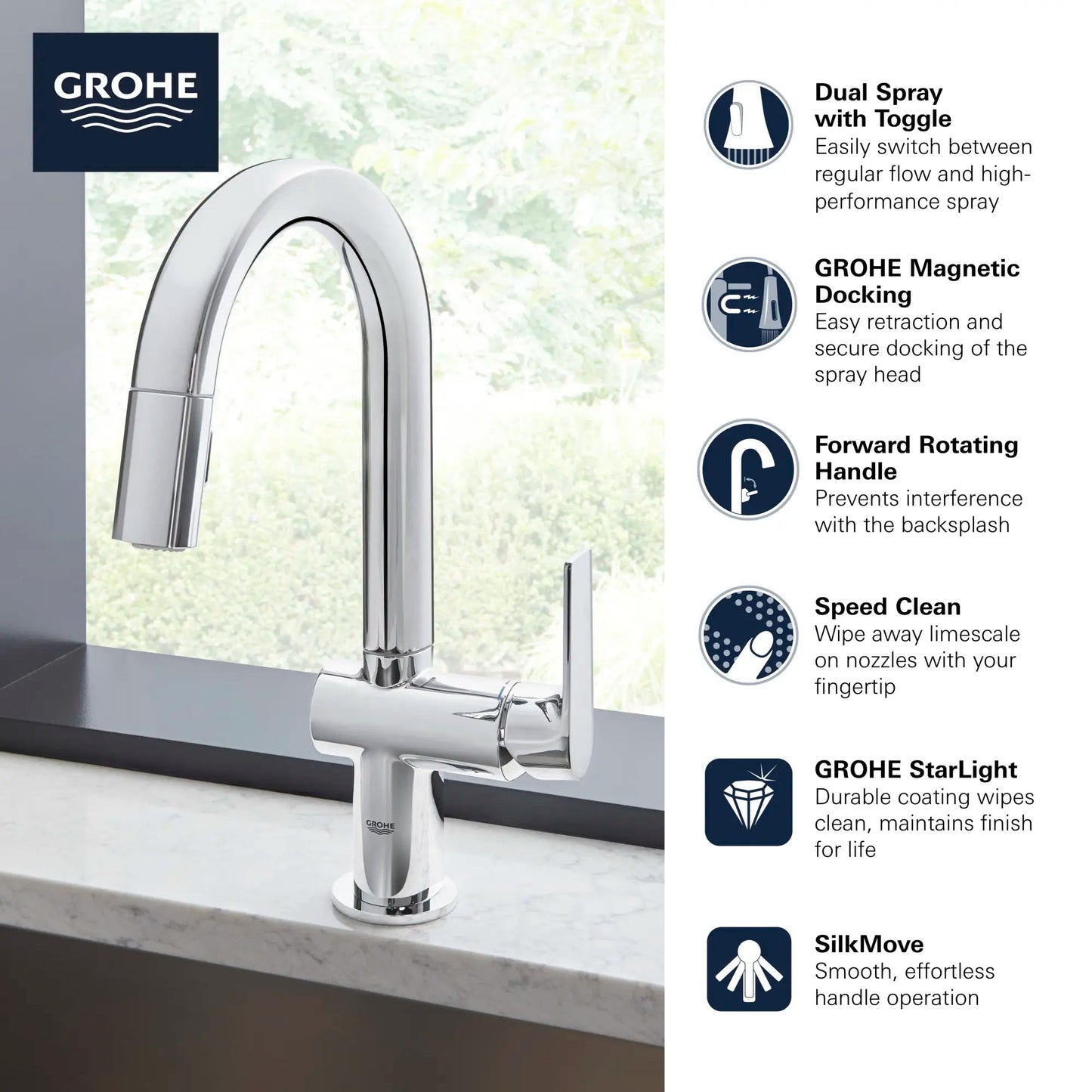 Grohe Defined 1.75 GPM Dual Spray Single-Handle StarLight Chrome Pull Down Kitchen Faucet