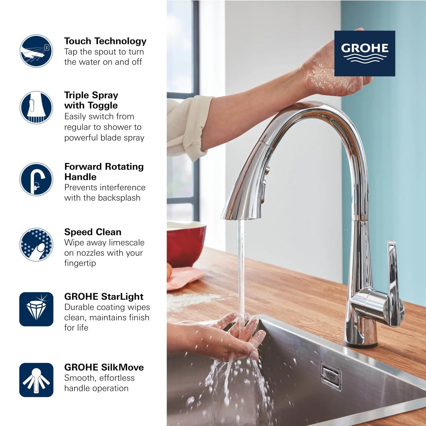 Grohe Zedra 1.75 GPM Triple Spray Touch Technology Single-Handle StarLight Chrome Pull Down Kitchen Faucet