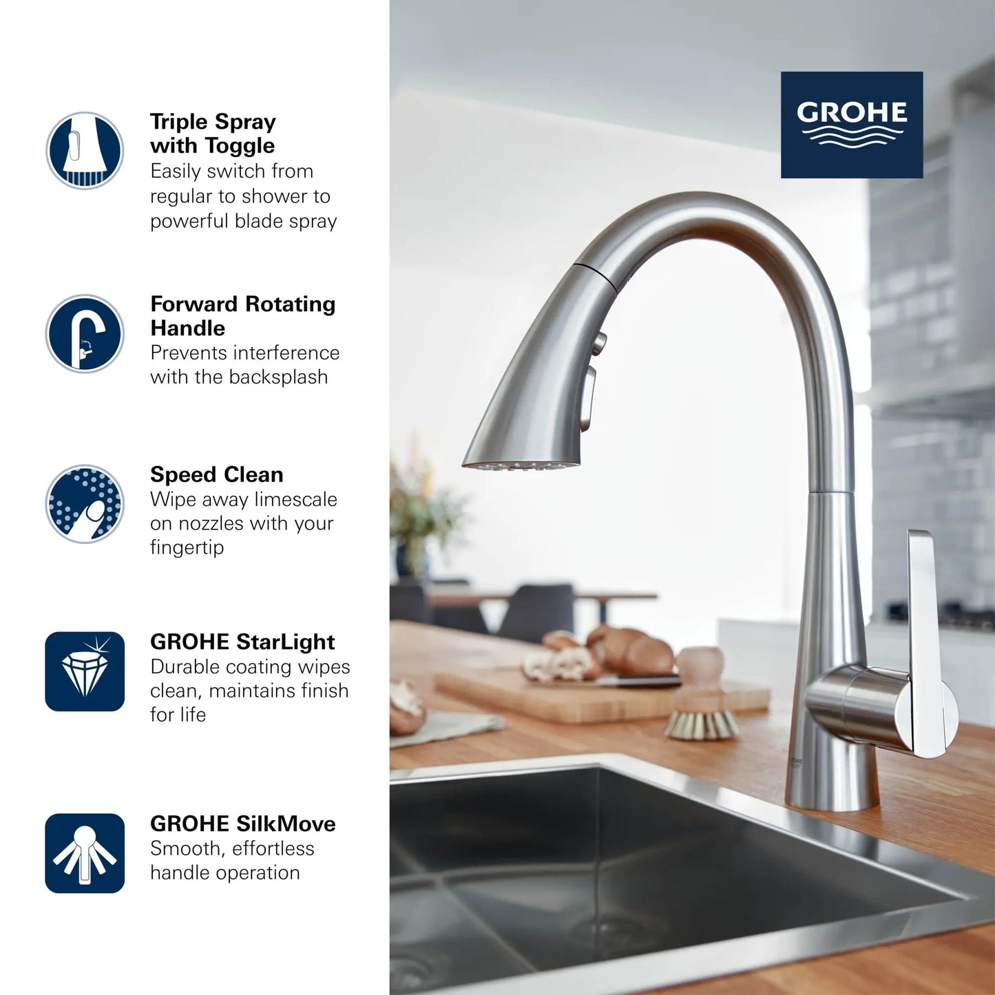Grohe Zedra 1.75 GPM Single-Handle Triple Spray StarLight Chrome Pull Down Bar Faucet