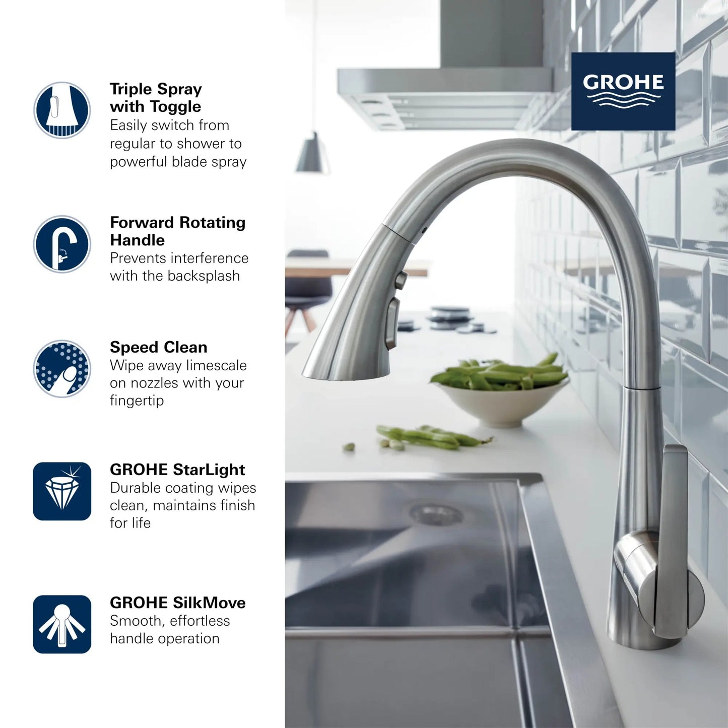 Grohe Zedra 1.75 GPM Triple Spray Single-Handle StarLight Chrome Pull Down Kitchen Faucet