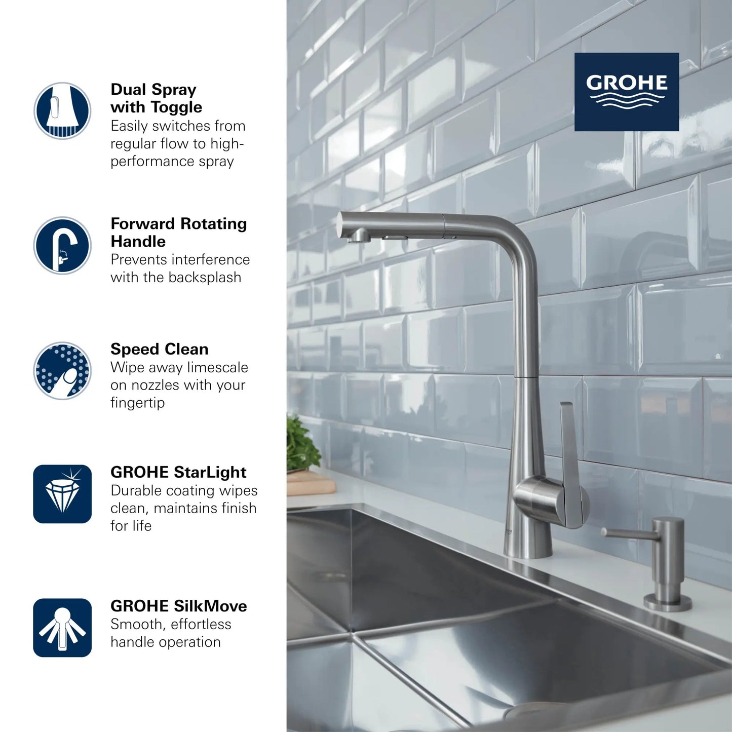 Grohe Zedra 1.75 GPM Dual Spray Single-Handle StarLight Chrome Pull-Out Kitchen Faucet
