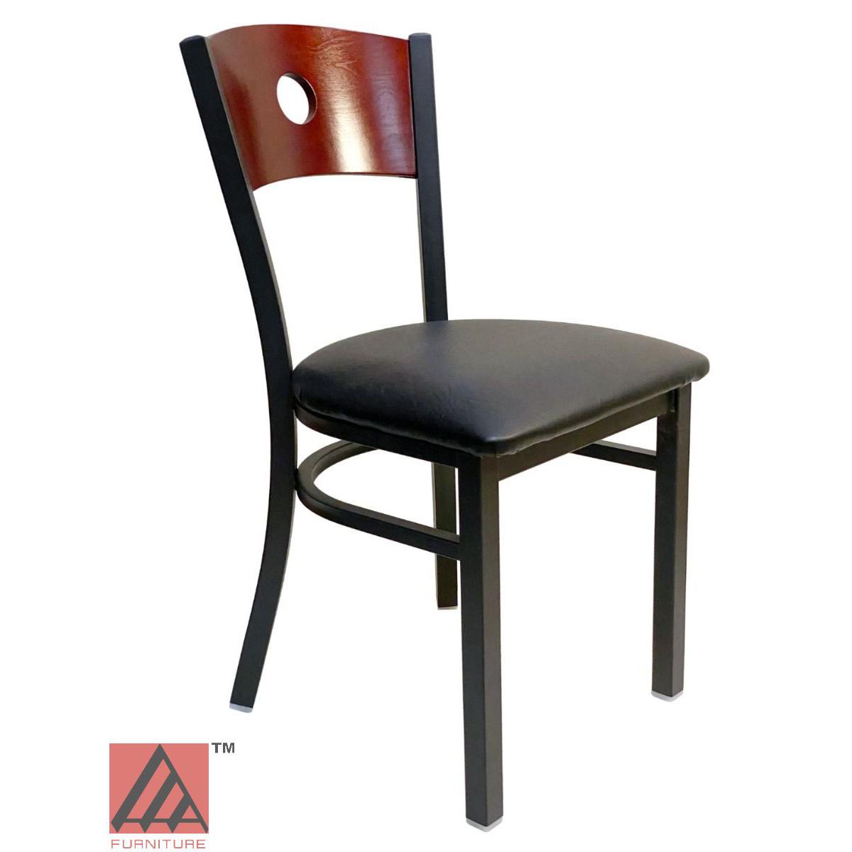 AAA Furniture Circle Wood Back 32" Brown Metal Chair with Black Grade 4 Vinyl Seat