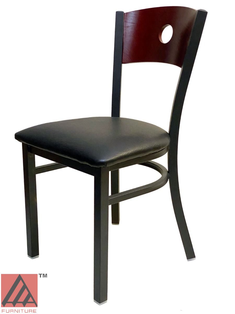 AAA Furniture Circle Wood Back 32" Brown Metal Chair with Black Grade 5 Vinyl Seat