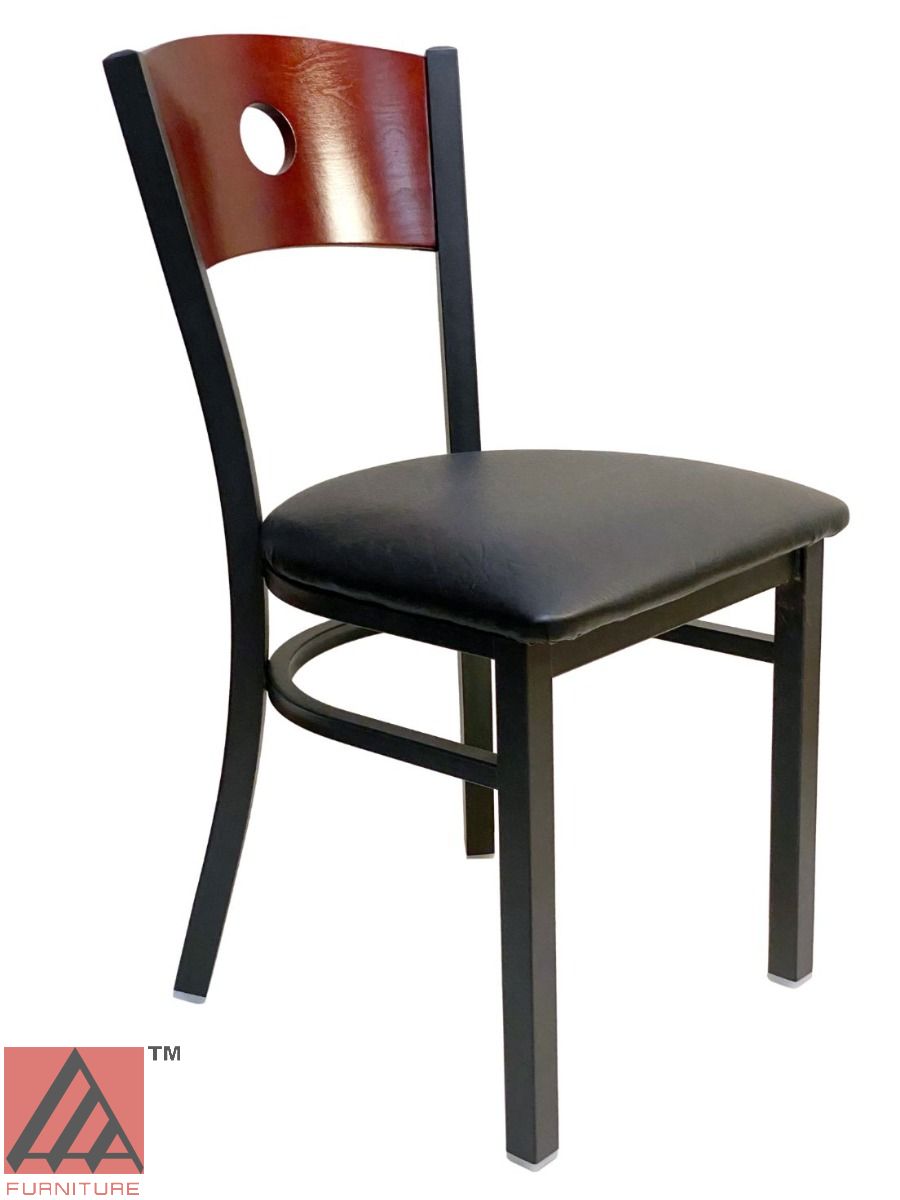 AAA Furniture Circle Wood Back 32" Brown Metal Chair with Black Grade 5 Vinyl Seat