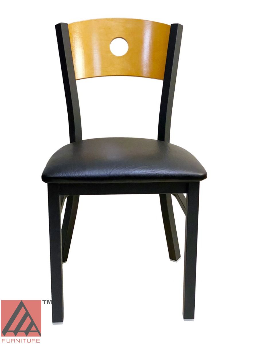 AAA Furniture Circle Wood Back 32" Natural Metal Chair with Black Grade 4 Vinyl Seat