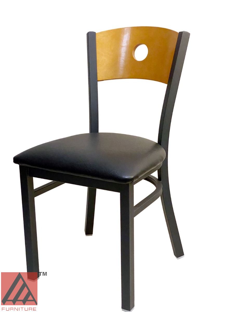 AAA Furniture Circle Wood Back 32" Natural Metal Chair with Black Grade 4 Vinyl Seat