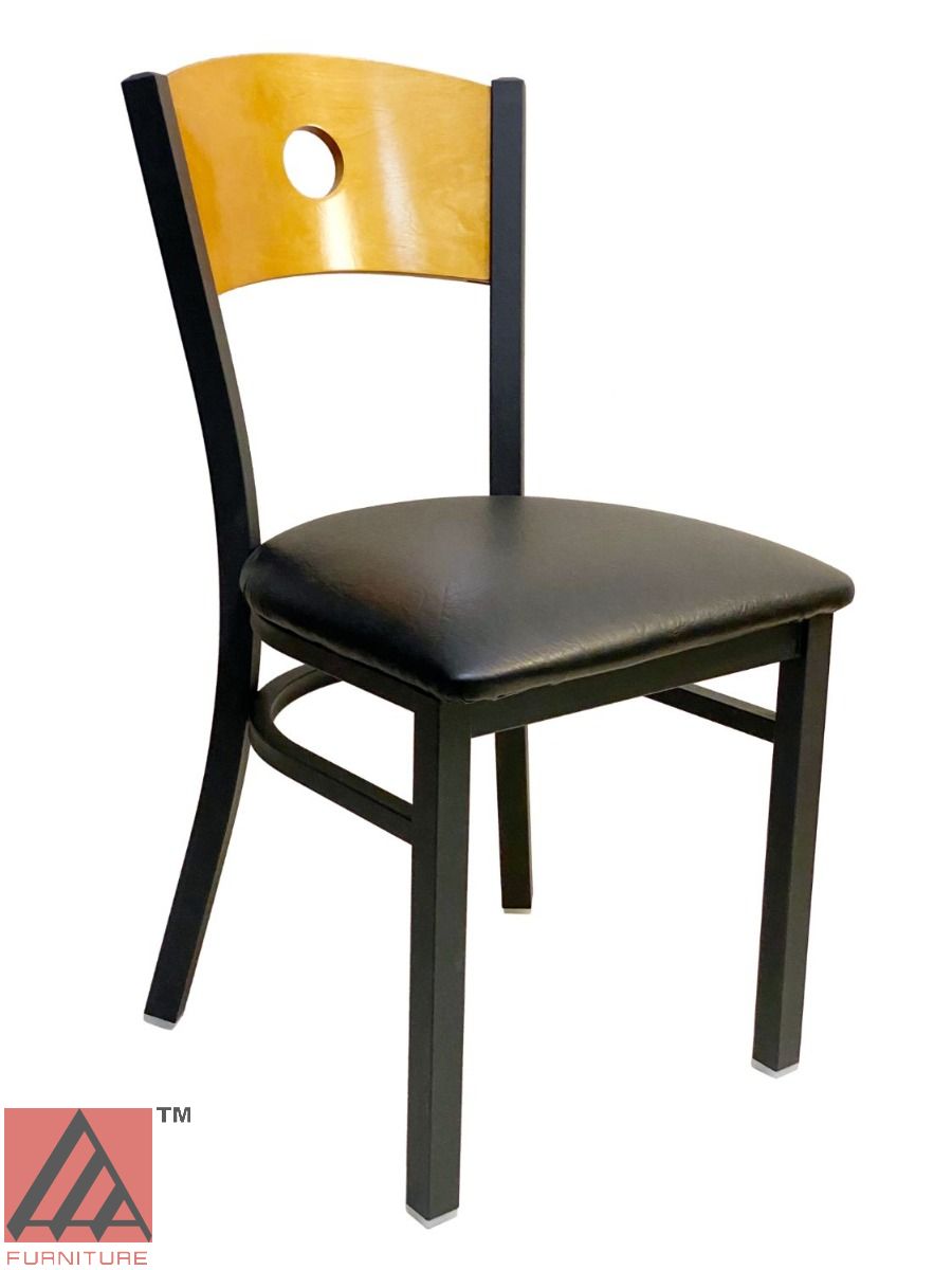 AAA Furniture Circle Wood Back 32" Natural Metal Chair with Black Grade 4 Vinyl Seat