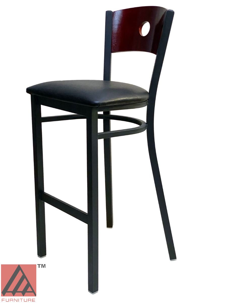 AAA Furniture Circle Wood Back 42" Brown Metal Bar Stool with Black Grade 4 Vinyl Seat