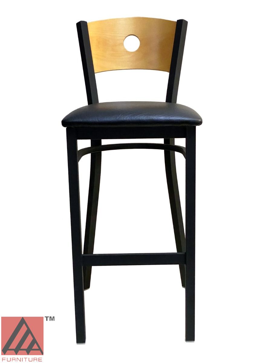 AAA Furniture Circle Wood Back 42" Natural Metal Bar Stool with Black Grade 4 Vinyl Seat