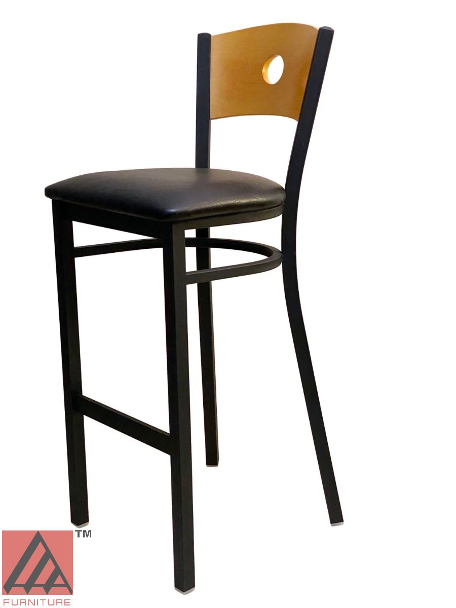 AAA Furniture Circle Wood Back 42" Natural Metal Bar Stool with Black Grade 4 Vinyl Seat