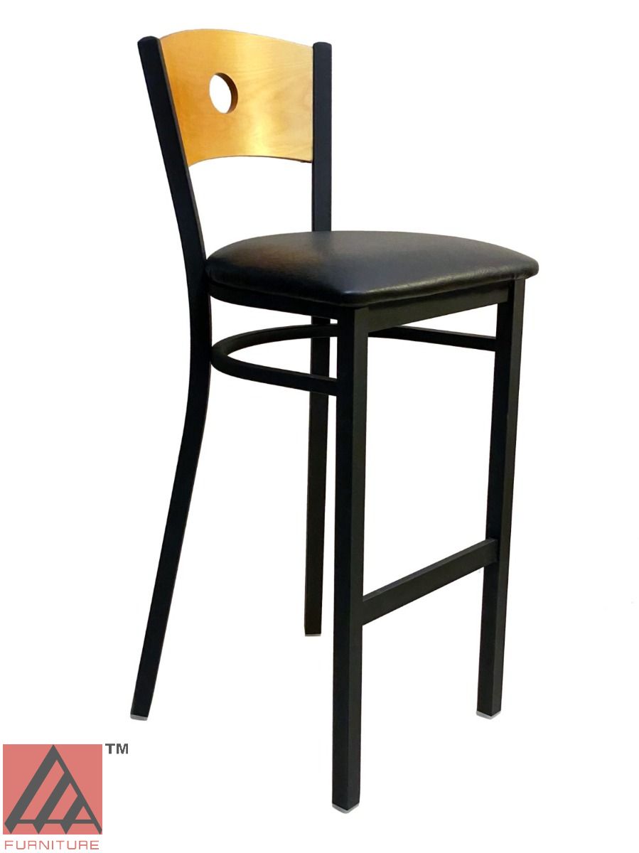 AAA Furniture Circle Wood Back 42" Natural Metal Bar Stool with Black Grade 4 Vinyl Seat