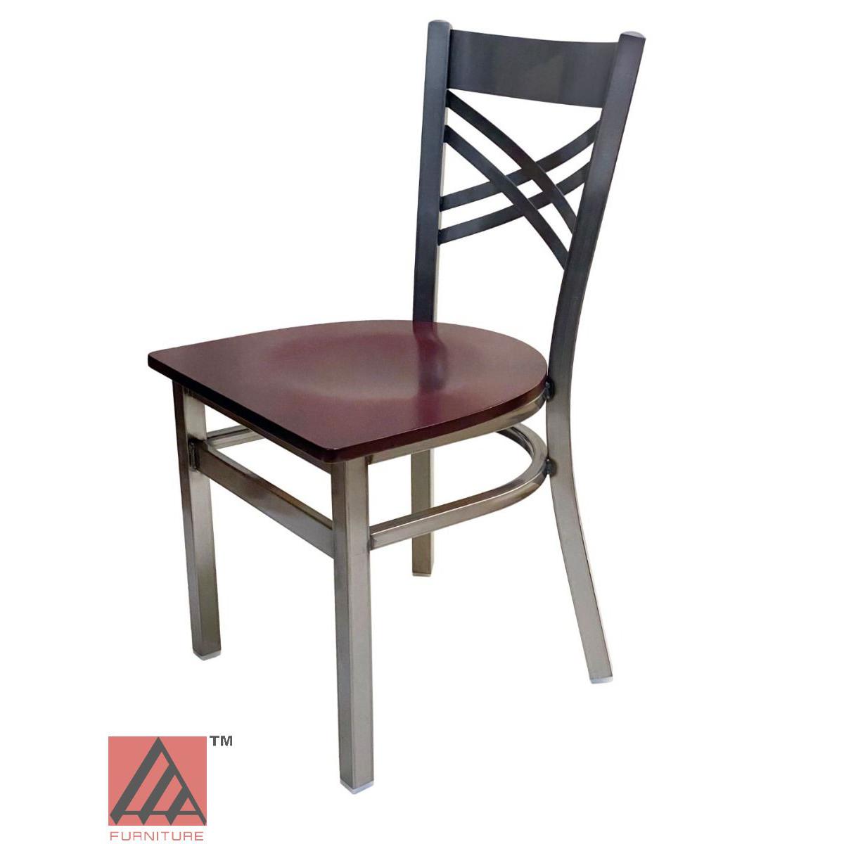 AAA Furniture Crisscross Back 33" Clear Coat Metal Chair with Brown Wood Seat