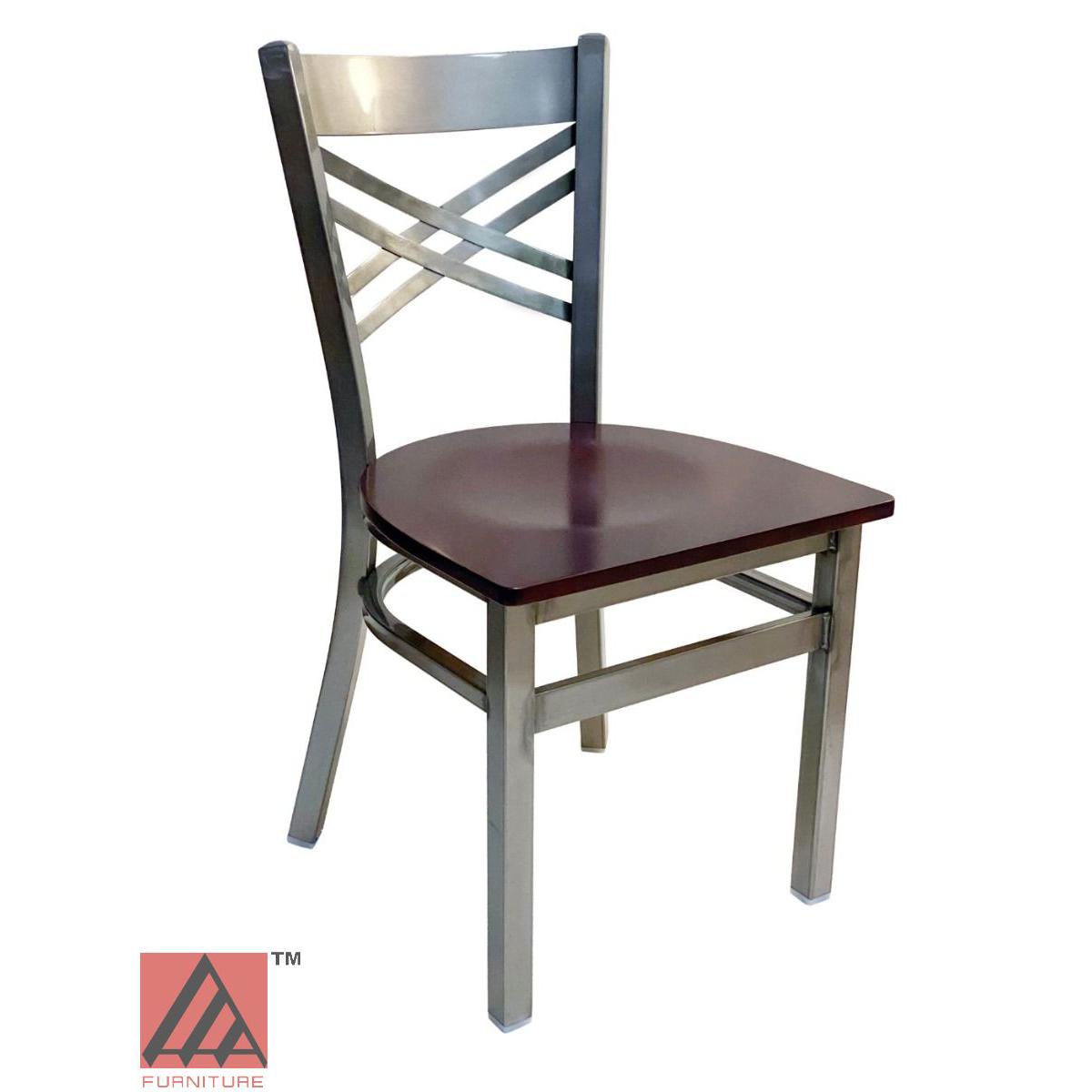 AAA Furniture Crisscross Back 33" Clear Coat Metal Chair with Brown Wood Seat