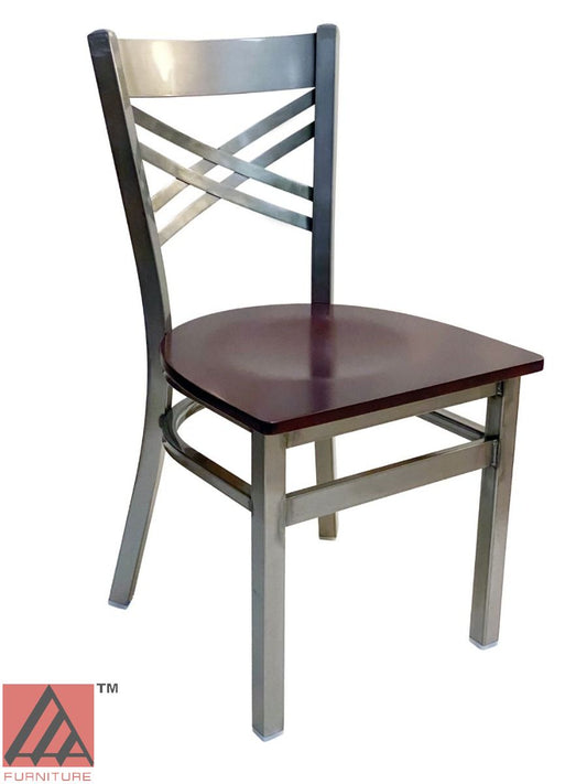 AAA Furniture Crisscross Back 33" Clear Coat Metal Chair with Brown Wood Seat