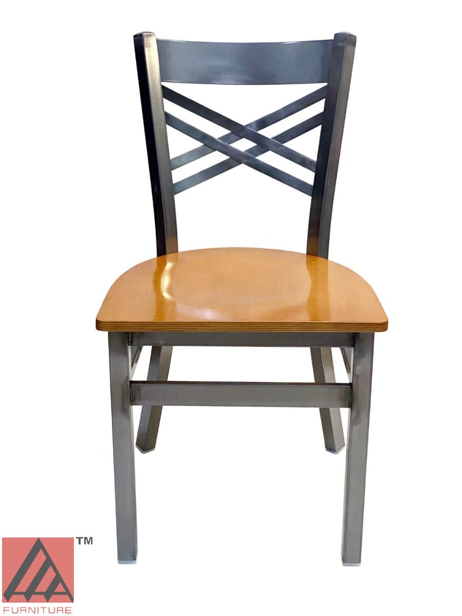 AAA Furniture Crisscross Back 33" Clear Coat Metal Chair with Natural Wood Seat