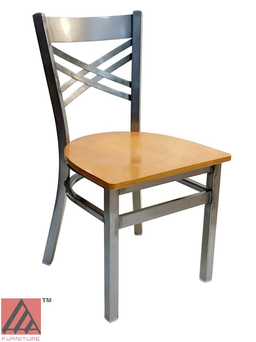 AAA Furniture Crisscross Back 33" Clear Coat Metal Chair with Natural Wood Seat