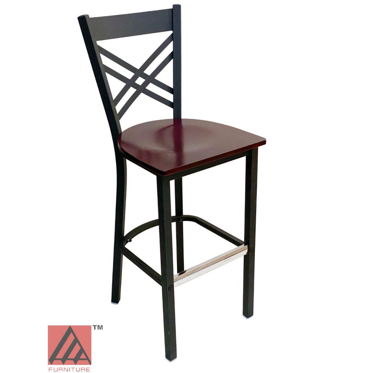 AAA Furniture Crisscross Back 43" Black Metal Bar Stool with Brown Wood Seat