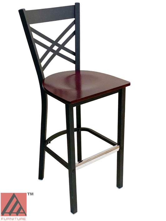 AAA Furniture Crisscross Back 43" Black Metal Bar Stool with Brown Wood Seat