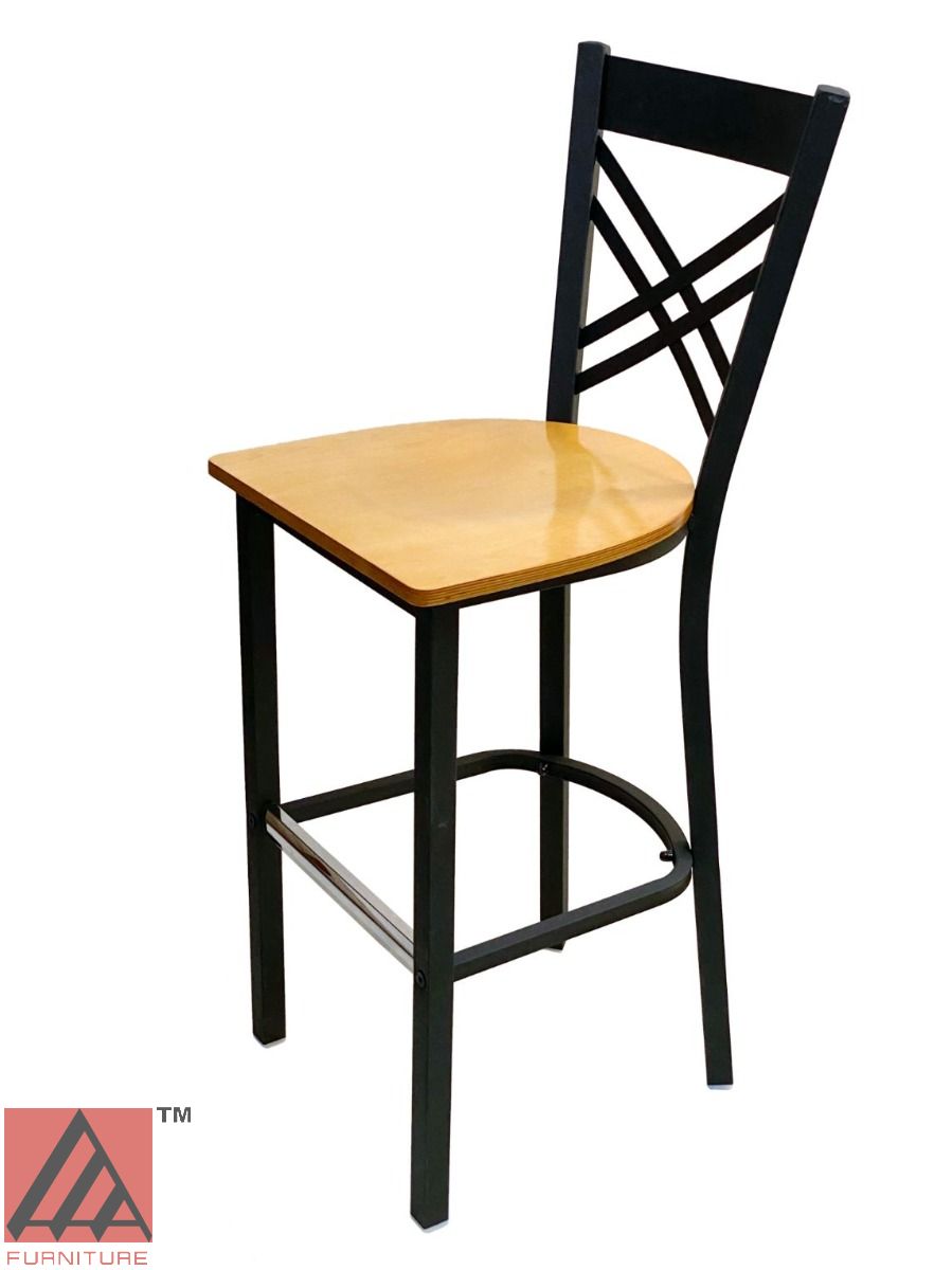 AAA Furniture Crisscross Back 43" Black Metal Bar Stool with Natural Wood Seat