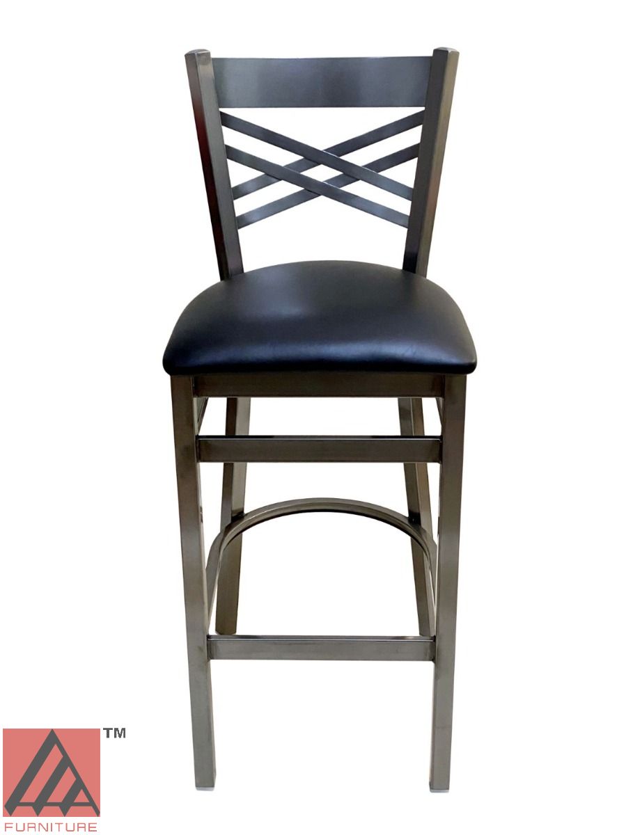 AAA Furniture Crisscross Back 43" Clear Coat Metal Bar Stool with Black Customer Owned Material Seat