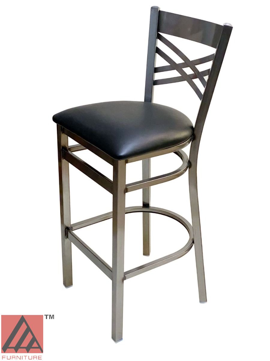 AAA Furniture Crisscross Back 43" Clear Coat Metal Bar Stool with Black Customer Owned Material Seat