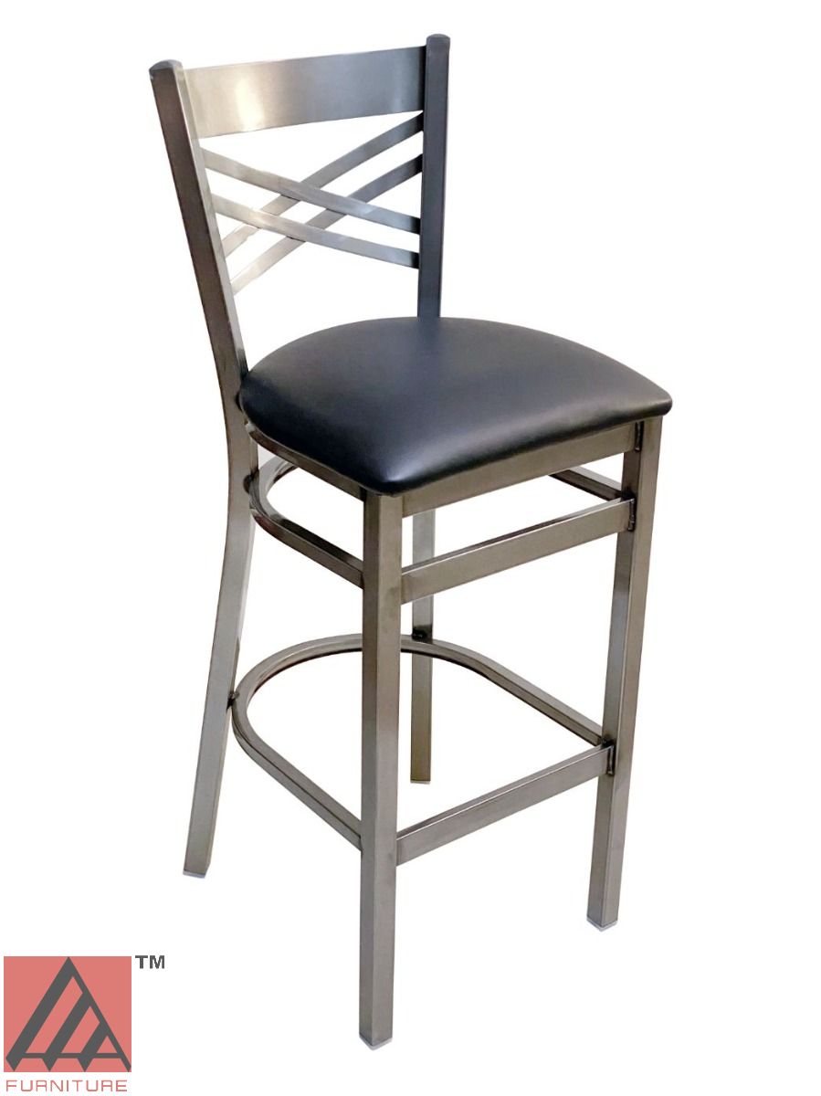 AAA Furniture Crisscross Back 43" Clear Coat Metal Bar Stool with Black Customer Owned Material Seat