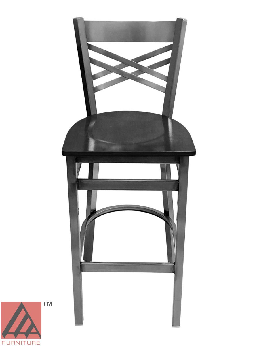 AAA Furniture Crisscross Back 43" Clear Coat Metal Bar Stool with Black Wood Seat