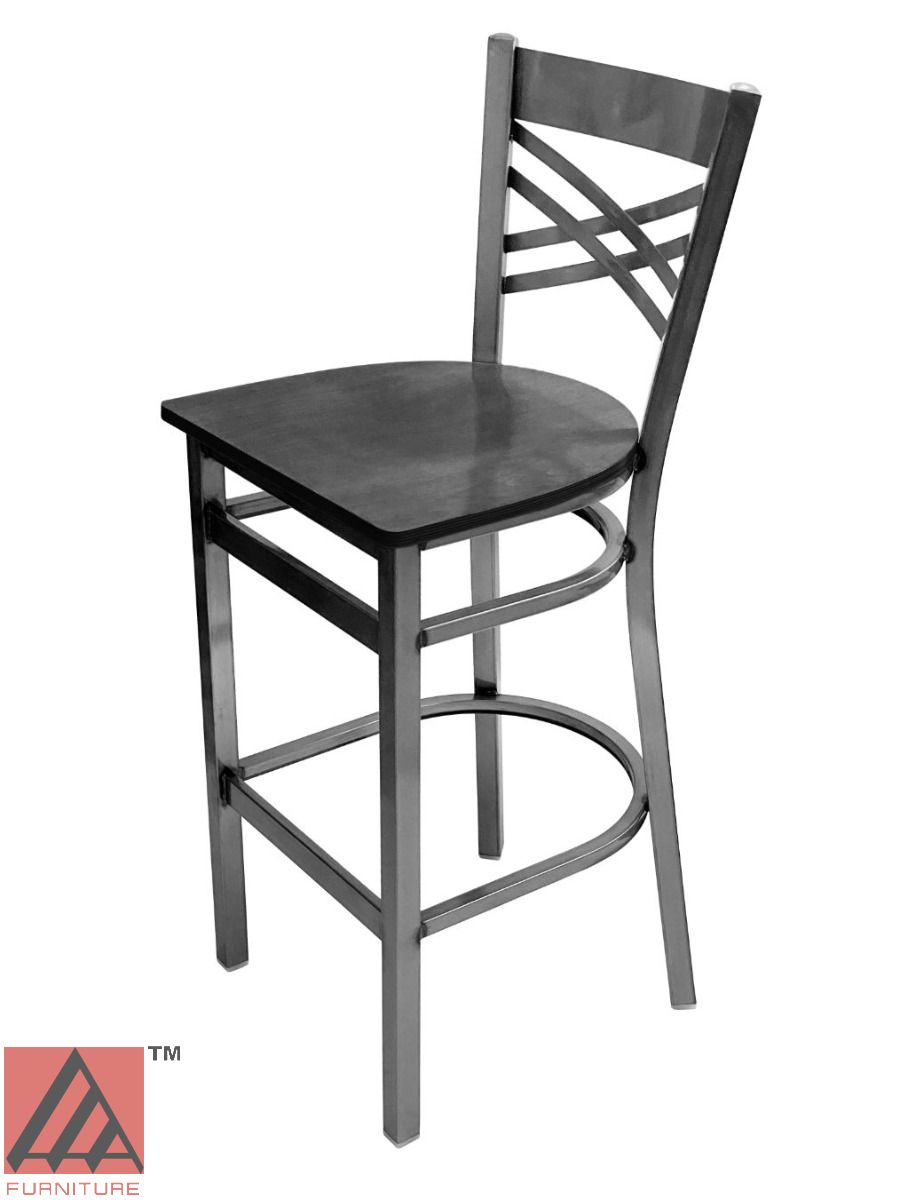 AAA Furniture Crisscross Back 43" Clear Coat Metal Bar Stool with Black Wood Seat