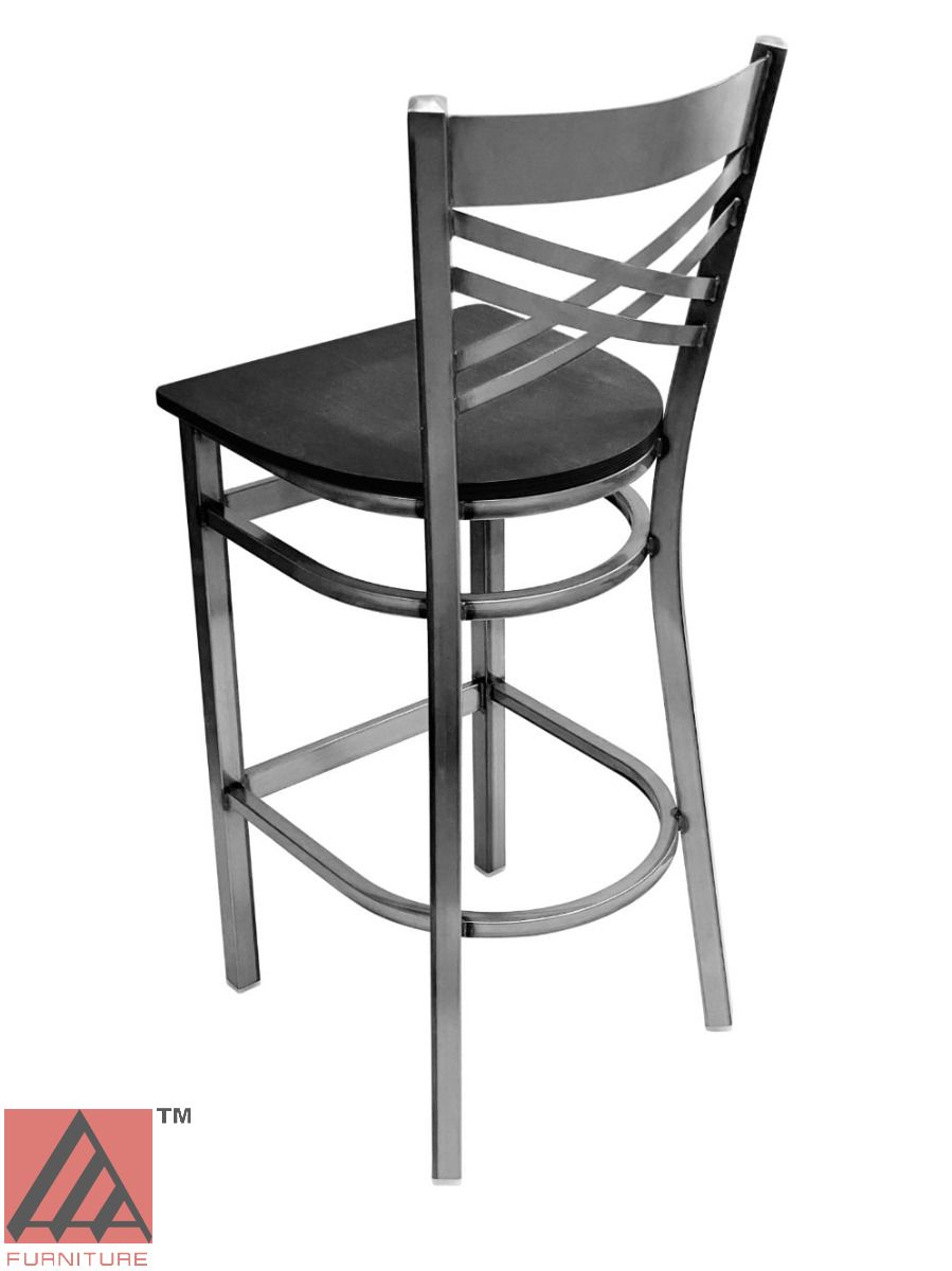 AAA Furniture Crisscross Back 43" Clear Coat Metal Bar Stool with Black Wood Seat