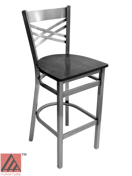 AAA Furniture Crisscross Back 43" Clear Coat Metal Bar Stool with Black Wood Seat