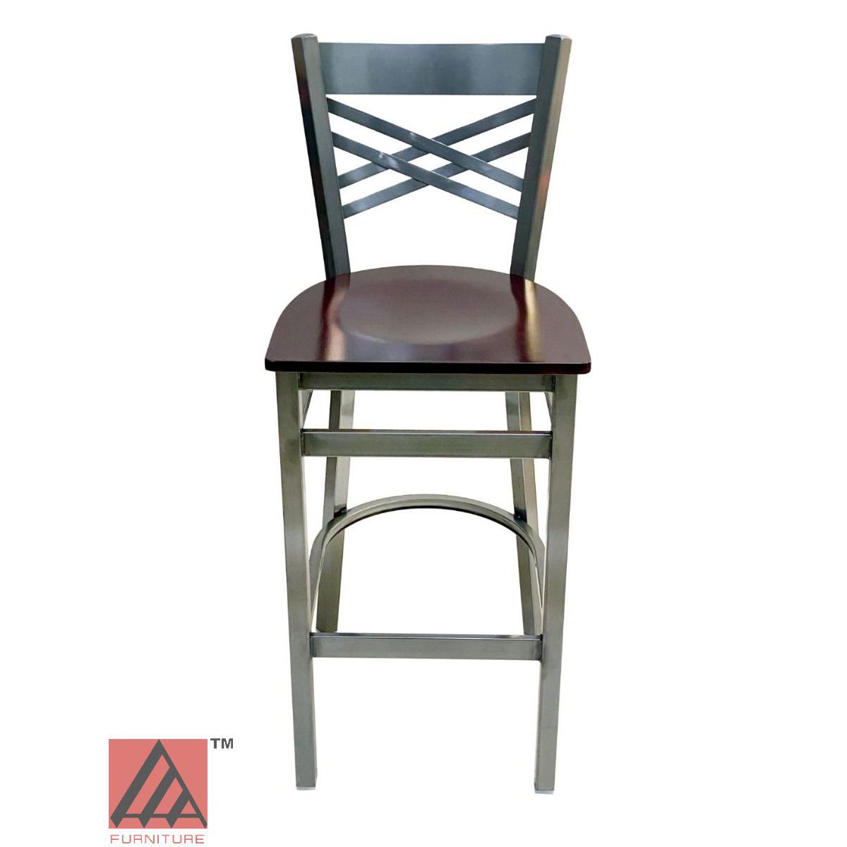 AAA Furniture Crisscross Back 43" Clear Coat Metal Bar Stool with Brown Wood Seat
