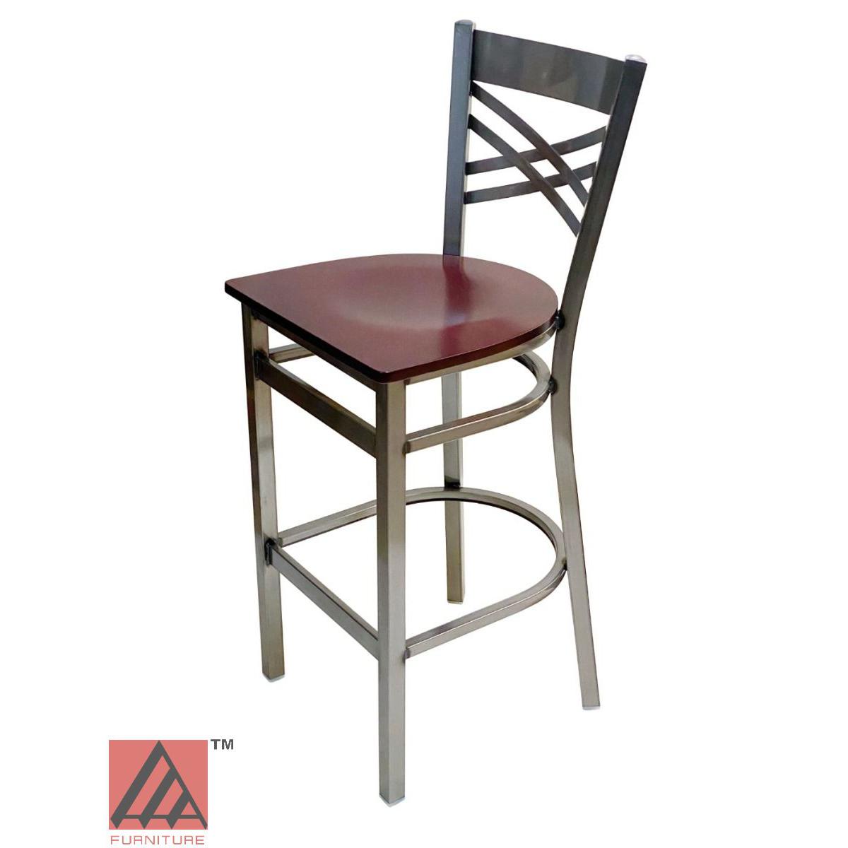 AAA Furniture Crisscross Back 43" Clear Coat Metal Bar Stool with Brown Wood Seat