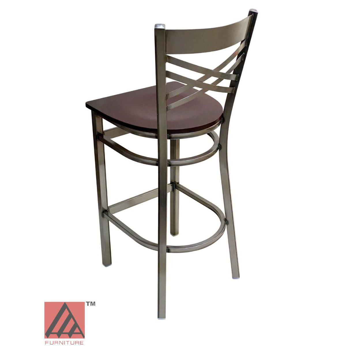AAA Furniture Crisscross Back 43" Clear Coat Metal Bar Stool with Brown Wood Seat
