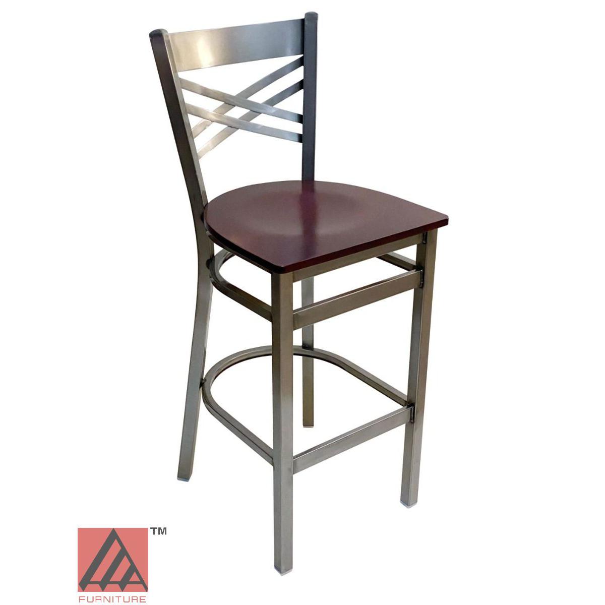 AAA Furniture Crisscross Back 43" Clear Coat Metal Bar Stool with Brown Wood Seat
