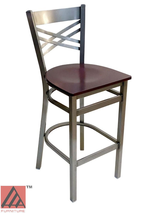 AAA Furniture Crisscross Back 43" Clear Coat Metal Bar Stool with Brown Wood Seat