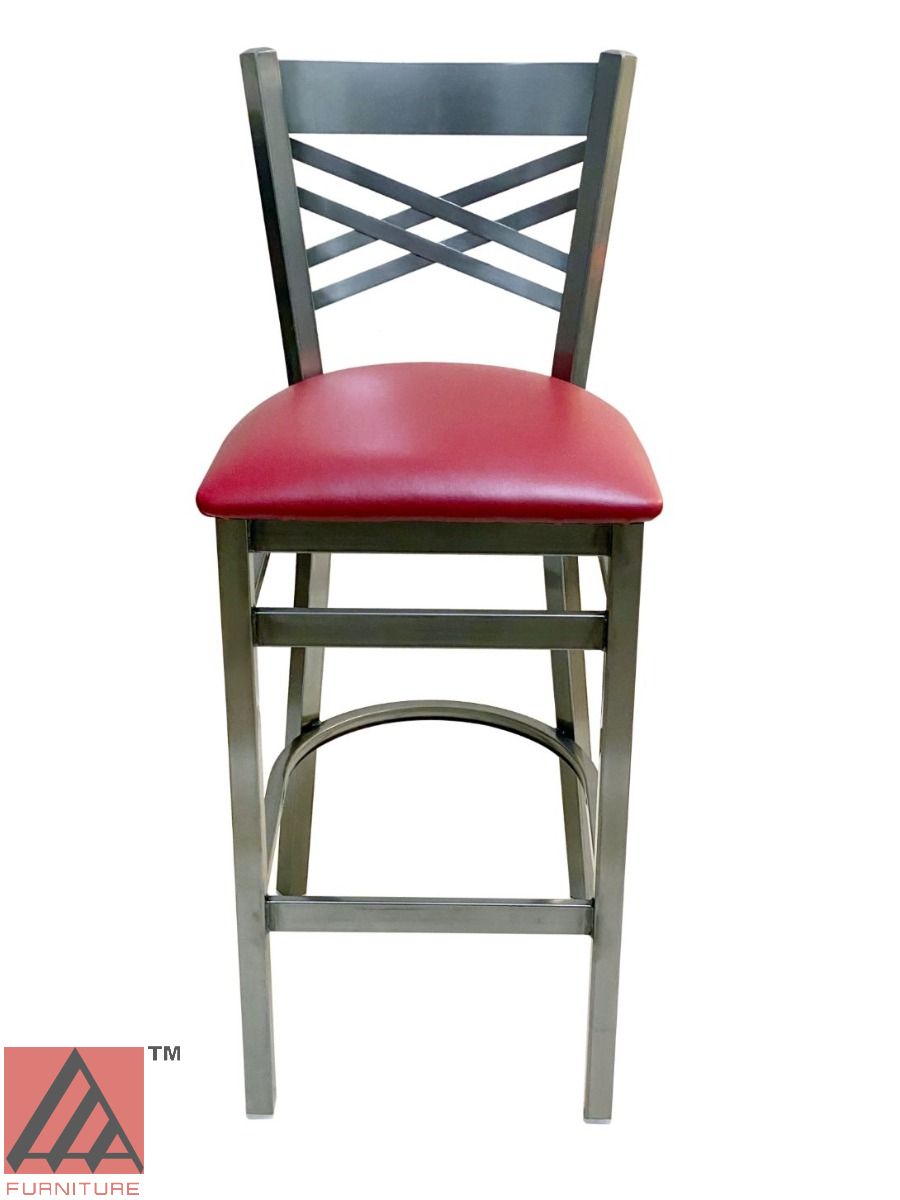 AAA Furniture Crisscross Back 43" Clear Coat Metal Bar Stool with Claret Customer Owned Material Seat