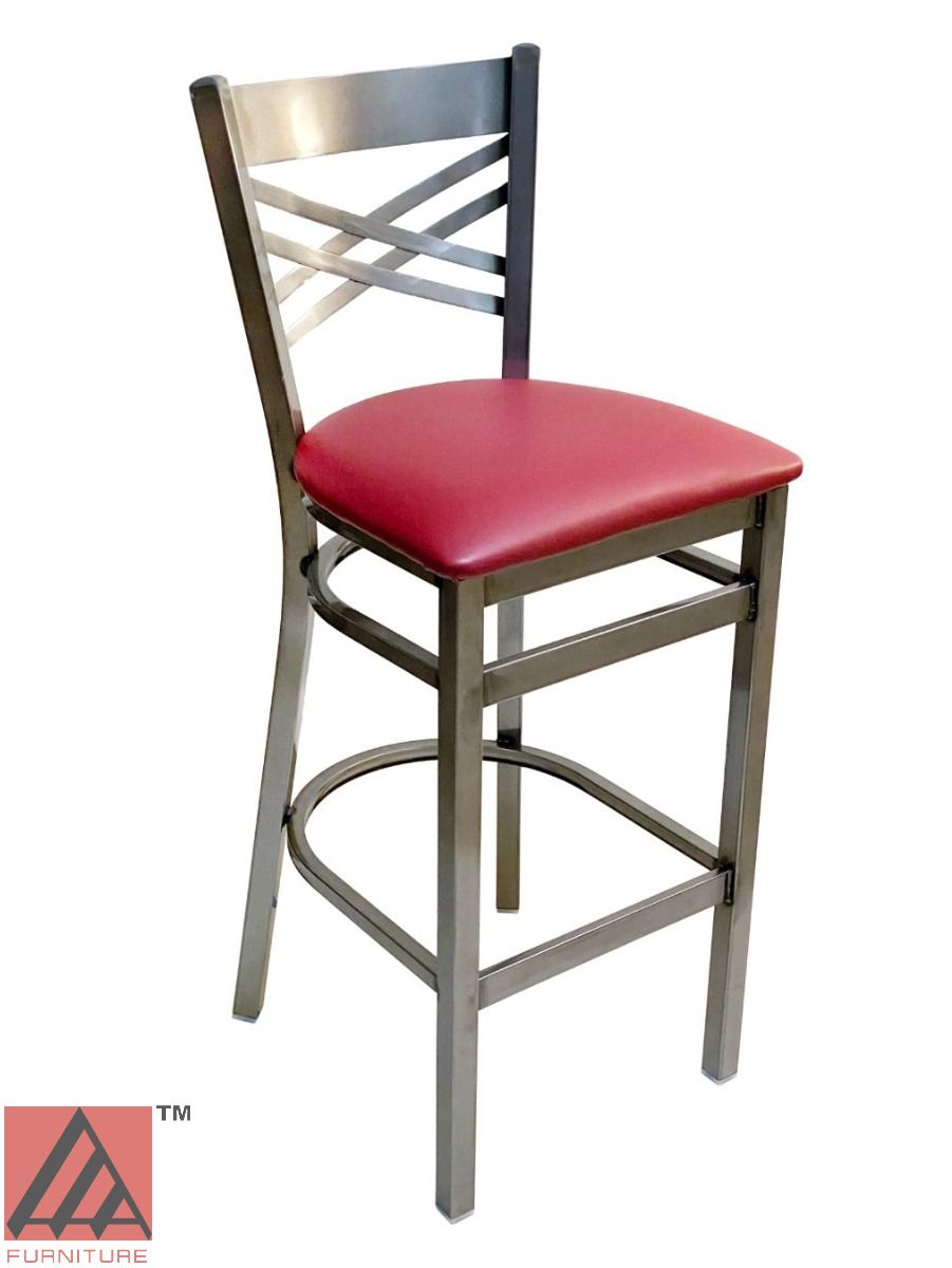 AAA Furniture Crisscross Back 43" Clear Coat Metal Bar Stool with Claret Customer Owned Material Seat