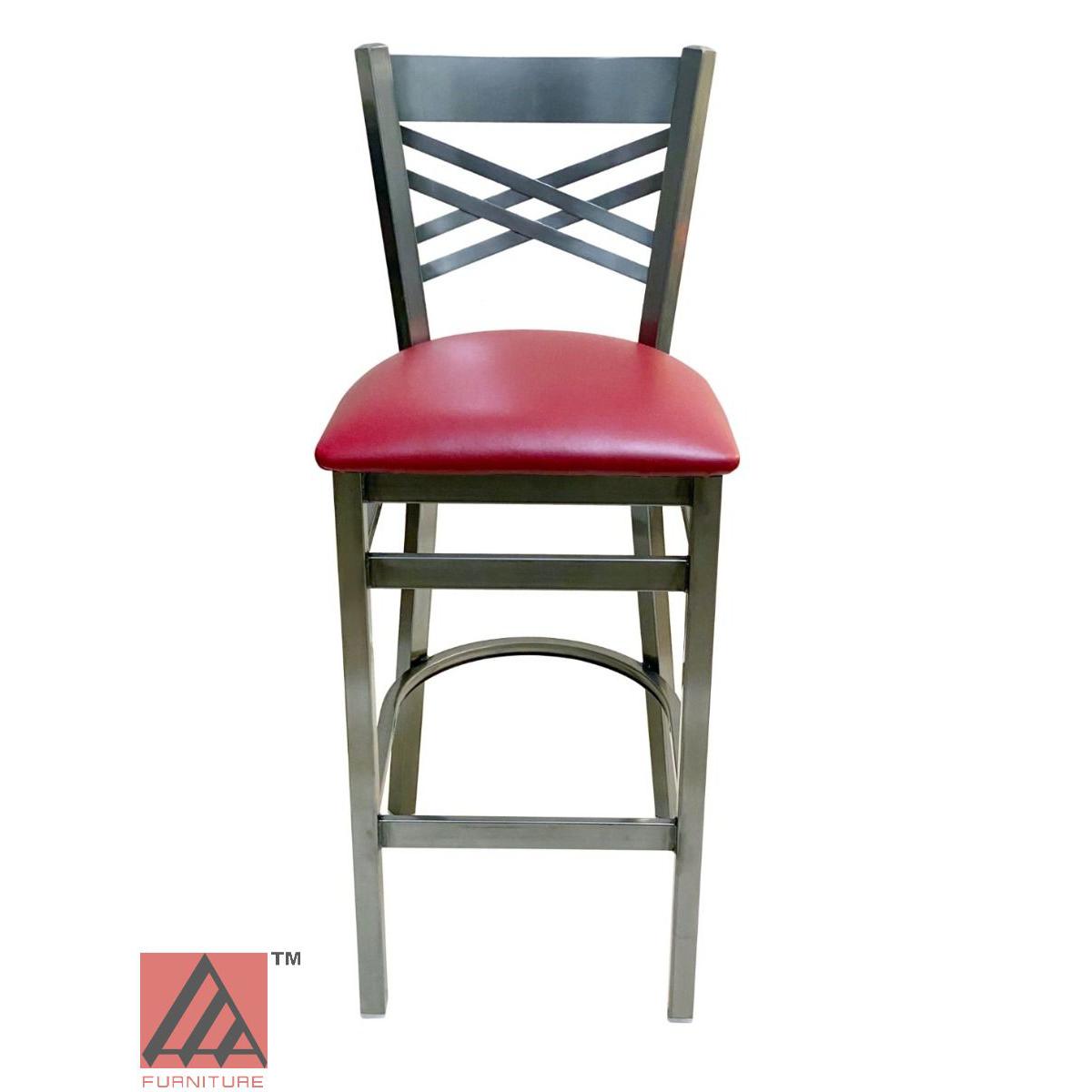 AAA Furniture Crisscross Back 43" Clear Coat Metal Bar Stool with Claret Vinyl Seat