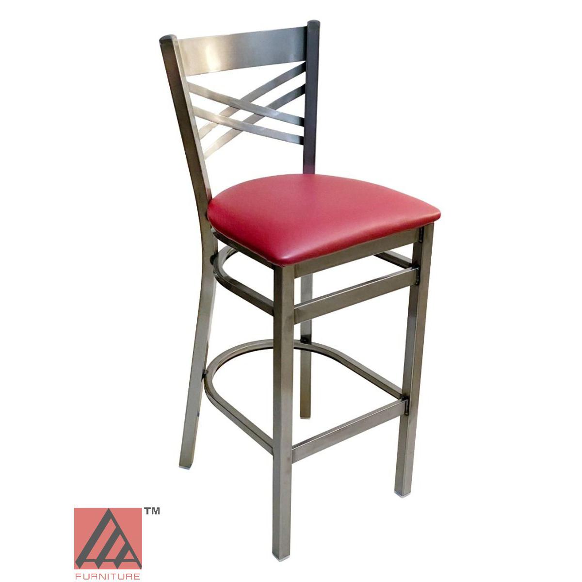 AAA Furniture Crisscross Back 43" Clear Coat Metal Bar Stool with Claret Vinyl Seat