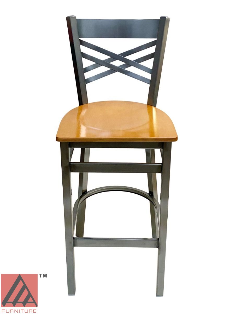 AAA Furniture Crisscross Back 43" Clear Coat Metal Bar Stool with Natural Wood Seat