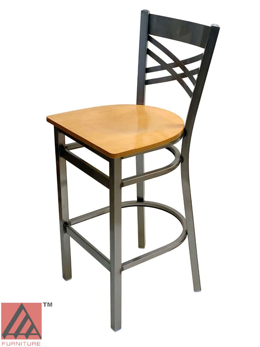 AAA Furniture Crisscross Back 43" Clear Coat Metal Bar Stool with Natural Wood Seat