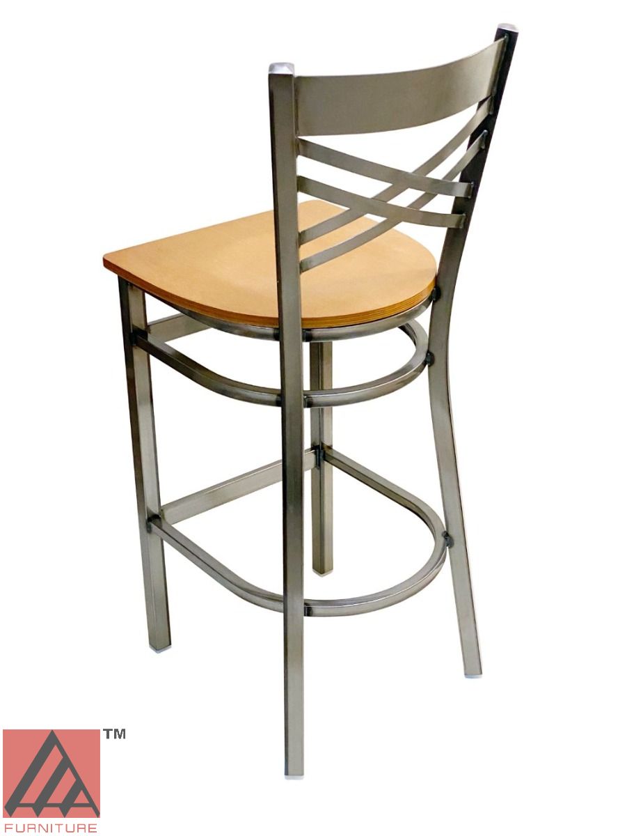 AAA Furniture Crisscross Back 43" Clear Coat Metal Bar Stool with Natural Wood Seat