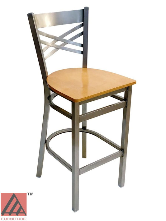 AAA Furniture Crisscross Back 43" Clear Coat Metal Bar Stool with Natural Wood Seat