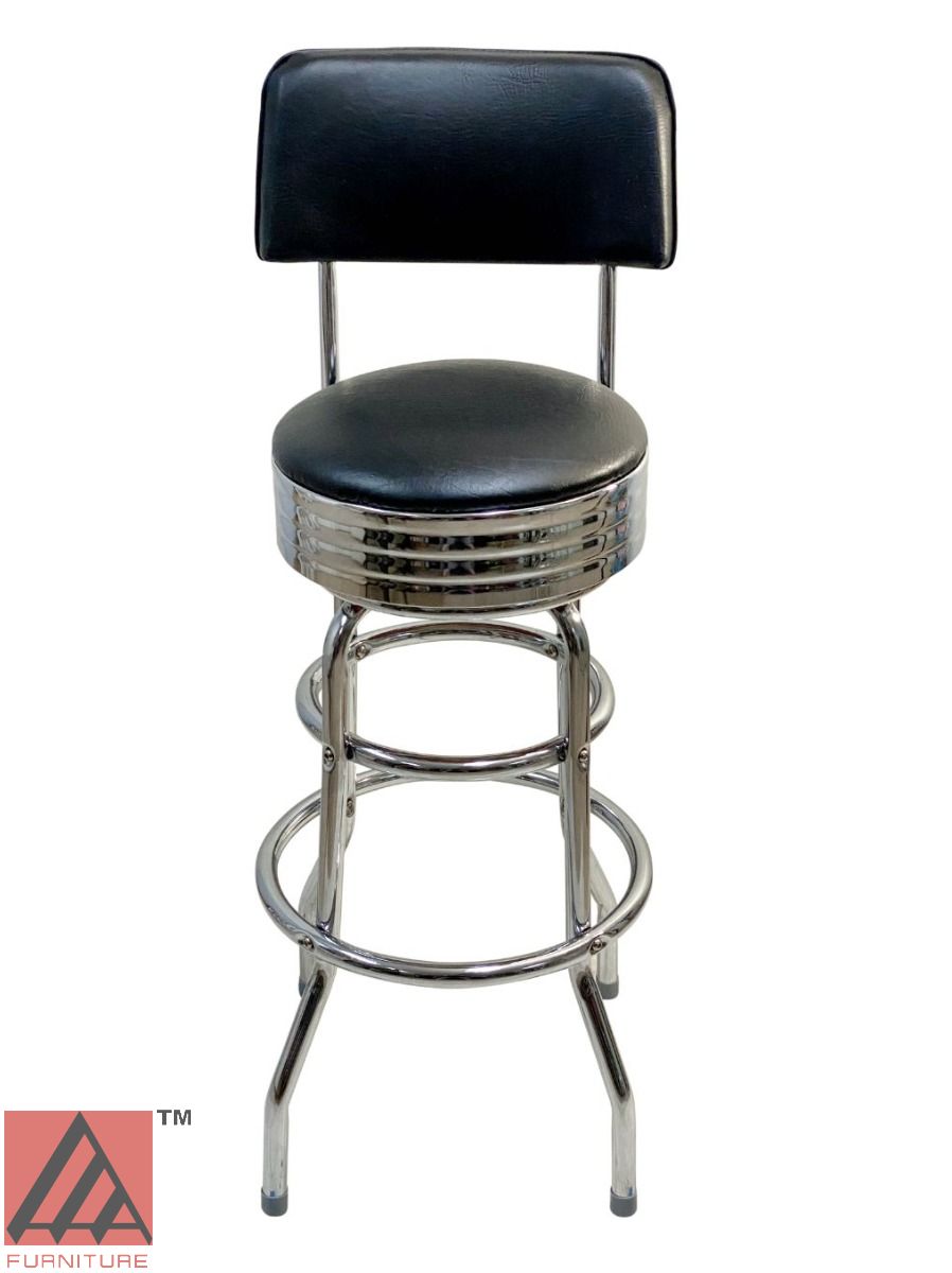 AAA Furniture Double Ring 41" Black Bar Stool with Back and Chrome Seat Band