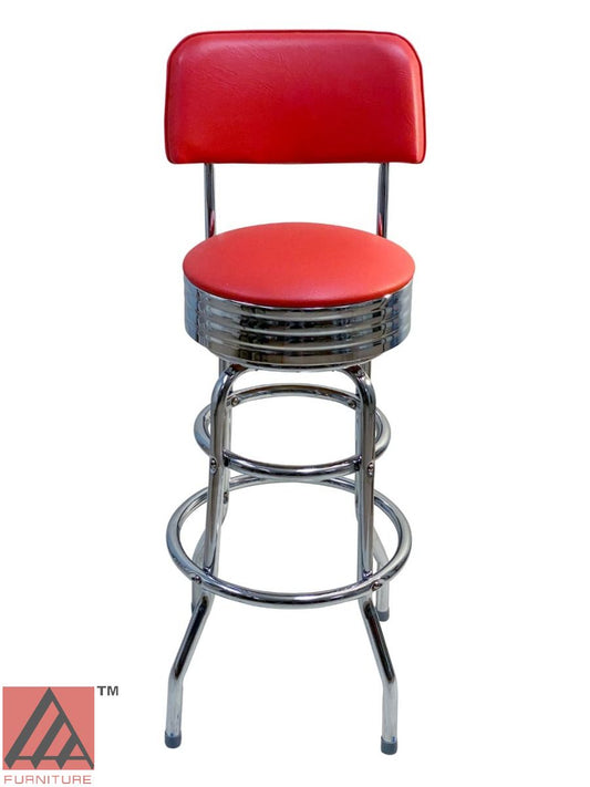 AAA Furniture Double Ring 41" Red Bar Stool with Back and Chrome Seat Band