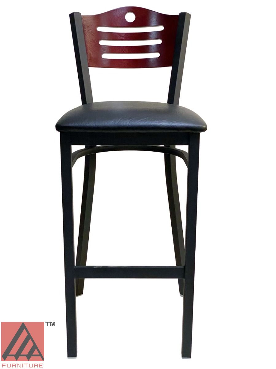 AAA Furniture Ladder Wood Back 43" Brown Metal Bar Stool with Black Grade 4 Vinyl Seat