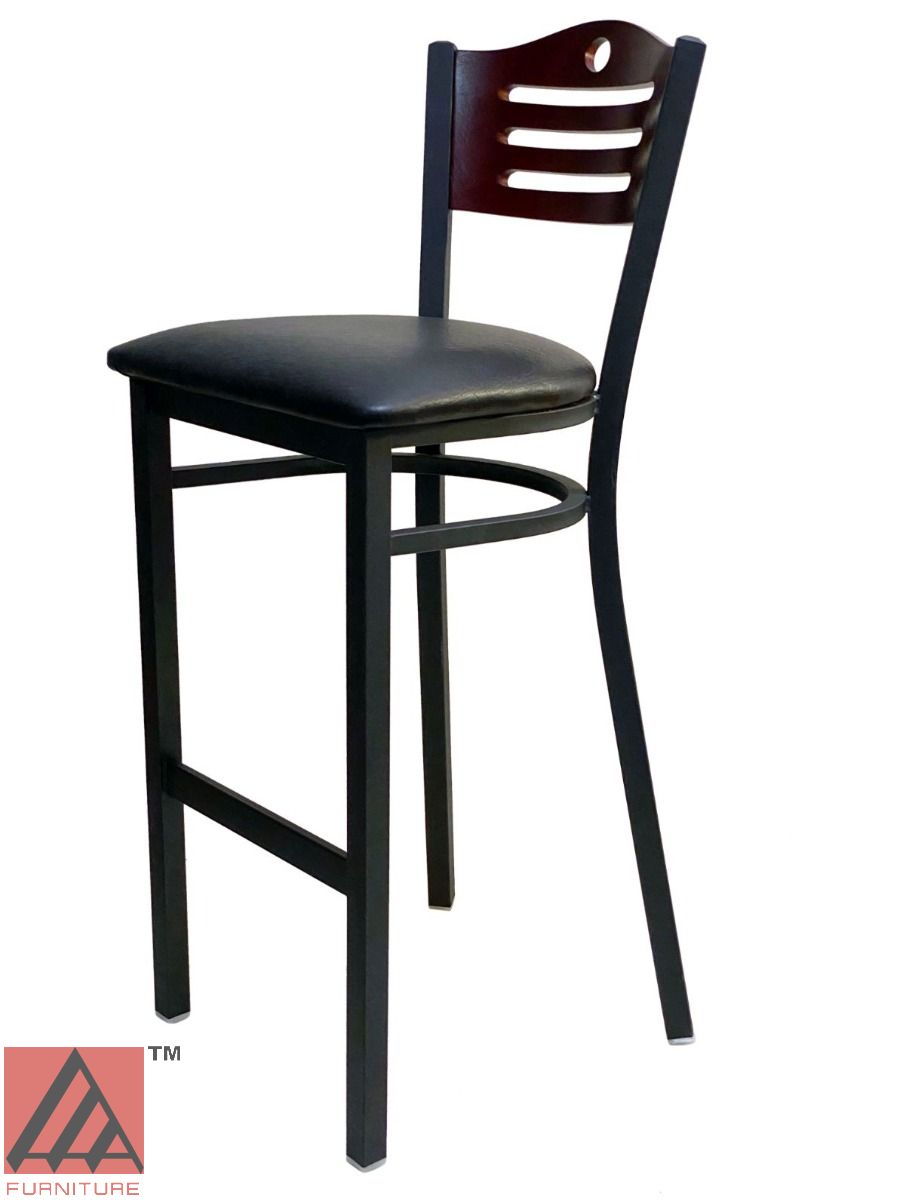 AAA Furniture Ladder Wood Back 43" Brown Metal Bar Stool with Black Grade 4 Vinyl Seat