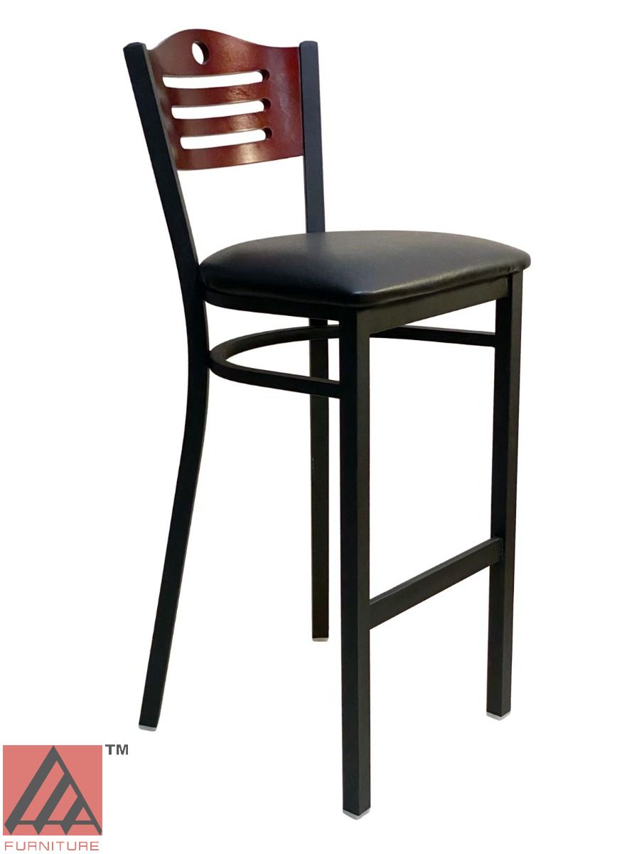 AAA Furniture Ladder Wood Back 43" Brown Metal Bar Stool with Black Grade 4 Vinyl Seat